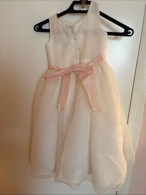 Us Angels White Organza Flower Girl Dress with Pink Bow